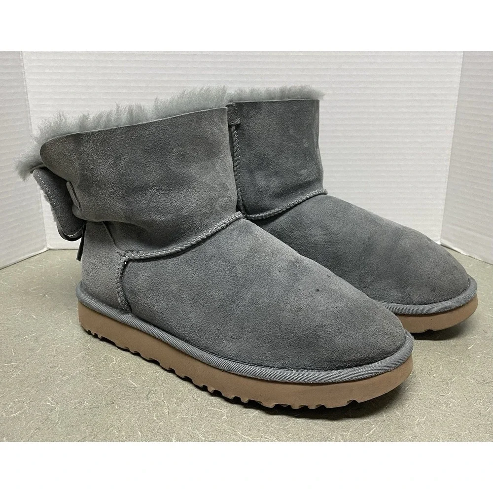 UGG Classic Double Bow Mini‎ Geyser Water Resistant Boot Gray Shearling Lined 7